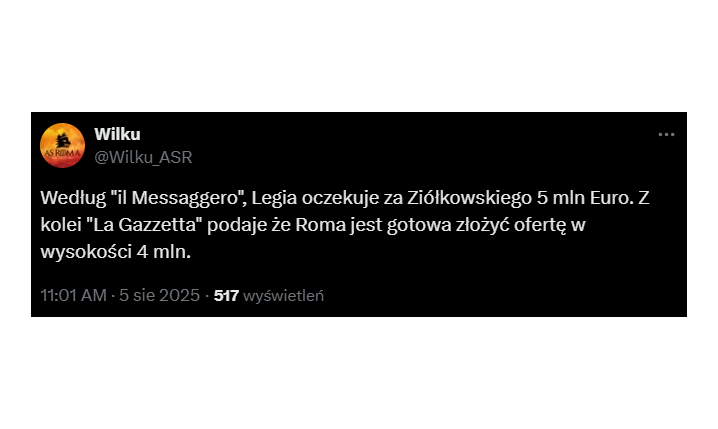 HIT! Tyle Legia ma OCZEKIWAĆ od Romy za Jana Ziółkowskiego xD